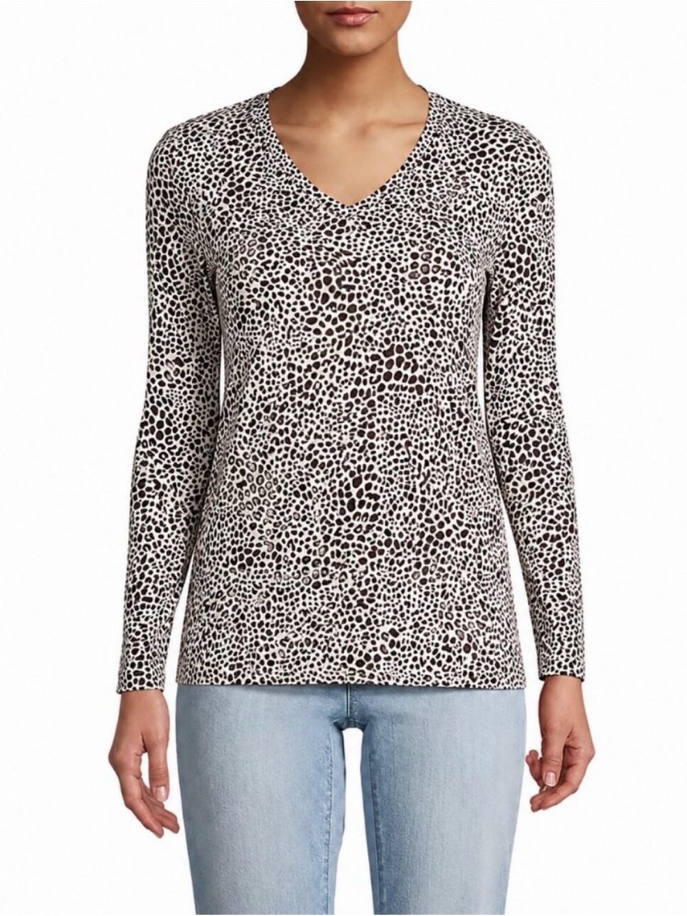 Lands' End Snow Leopard Print V-Neck L/S Tee